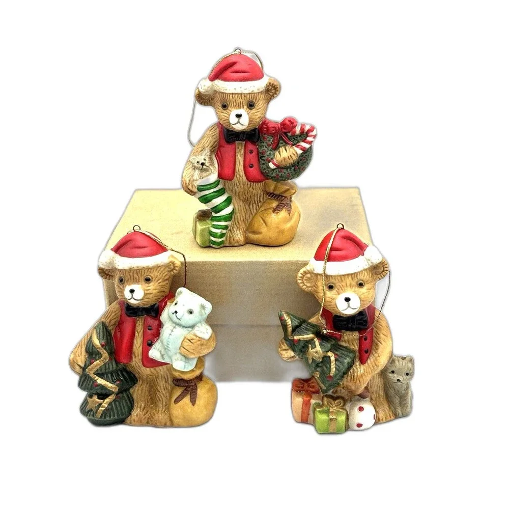 Vintage Christmas Bears In Santa Hats Set Of 3 Ceramic Ornaments